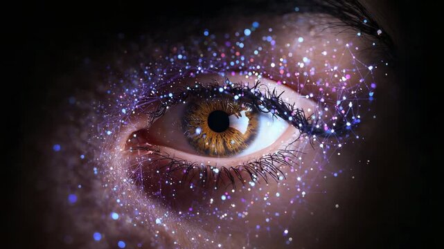 Moving camera, eye opening slightly and revealing golden iris detail in studio, violet particles
