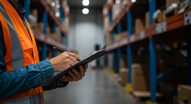 Warehouse worker in safety vest checks inventory on clipboard among tall shelves of goods.