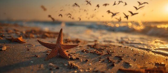Seaside Starfish on Golden Sandy Beach with Flying Birds at Sunset