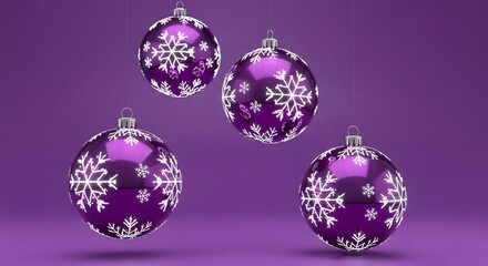 Four oval purple christmas ornaments with white snowflake designs