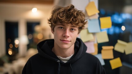 Fototapeta premium A startup founder testing a voice-controlled AI assistant in their small apartment, scattered sticky notes capturing late-night breakthroughs — home-based innovation, scrappy prototyping, and