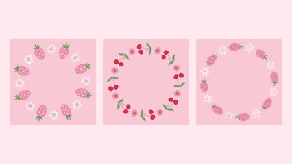 Berry Pink Card Templates Set. Cute pastel colored Strawberry Raspberry Cherry Round borders with empty space for text. Hand drawn summer Fruit Frames. Vector illustration