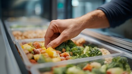 A hand opening a frosty freezer drawer filled with colorful plant-based frozen meals, packaging edges rimmed with delicate frost — vegan convenience foods, healthy frozen options, and modern