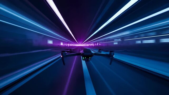 Tracking starting quadcopter with green LEDs accelerating through neon tunnel toward purple end