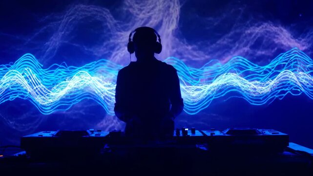 Pulsing LED driving DJ on dark stage wearing headphones and jacket, mixing decks and syncing peaks