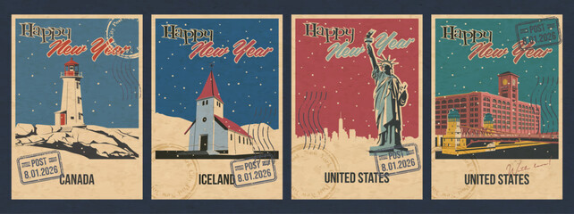 Happy New Year Greeting Cards, American Countries Main Attractions Postcards Retro Illustrations. Canada Cape Mudge Lighthouse, Iceland Vik i Myrdal Church, USA New York Statue of Liberty, Chicago
