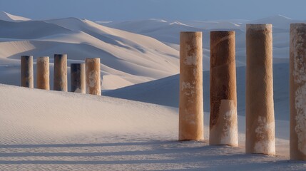 Ancient ruin columns half-buried in desert sand, shadows stretching long as the wind reshapes dunes around them — archaeological mystery, timeless desert landscapes, and dramatic minimalism.