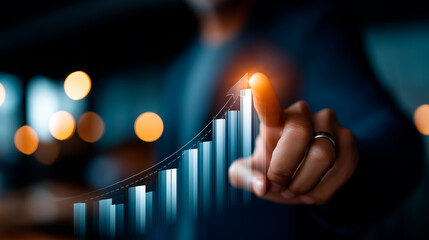 Professional pointing at upward trend arrows with bar charts financial growth analytics market success indicators business intelligence dashboard performance optimization