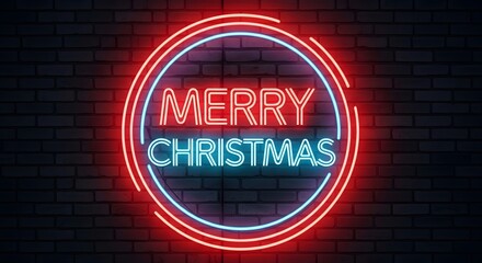 Oval neon sign reads merry christmas against brick wall