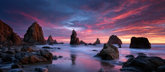 Rocky Coastline at Colorful Sunset Scenic Seascape Ocean Beach