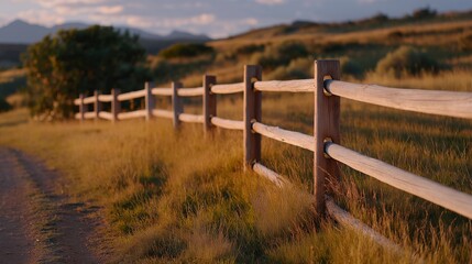 A weathered wooden fence lining a rural dirt road at golden hour, long shadows stretching across wild grass as a gentle breeze moves through the boards — rustic countryside charm, outdoor
