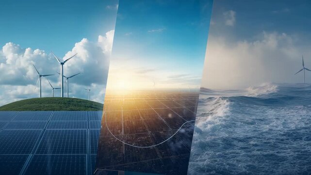 Sunrise starting triptych shifting onscreen, solar panels glowing, turbines turning for clean power