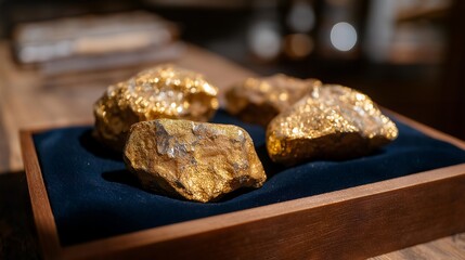 Meteor fragments displayed on a velvet-lined museum table, shimmering with metallic flecks under soft spotlights — cosmic geology, rare scientific artifacts, and space-origin mystery. cinematic