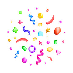 Colorful 3d confetti, sprinkles and abstract shapes background. Festive party decoration with different elements. Happy celebration concept. Vector illustration