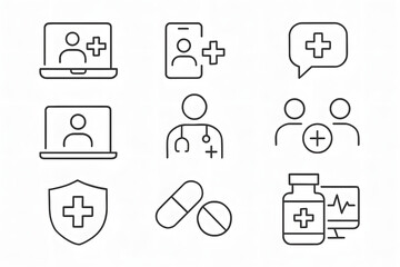 Health Icons: A collection of meticulously crafted health icons, offering a visual vocabulary for the medical field, including concepts like online consultation, digital healthcare, and patient care.