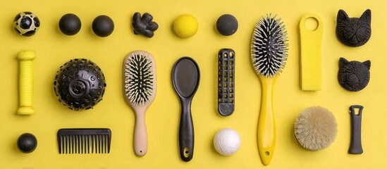 Arrangement of Black and Yellow Grooming and Pet Supplies on Yellow Background