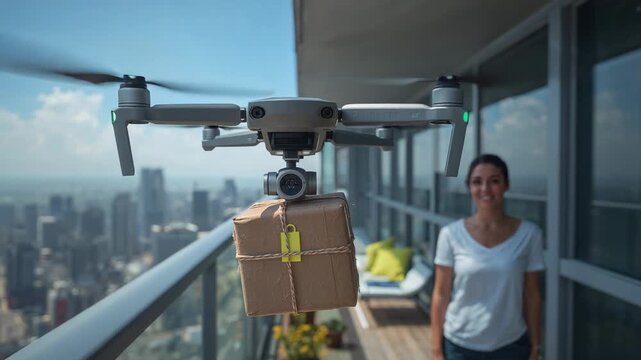 Hovering drone carrying parcel for resident on balcony after signal, woman in white tee watching