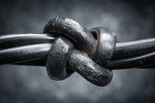 Powerful knot tying together strong black metal cables, symbolizing unity, connection, and strength, suitable for business, teamwork and resilience concepts