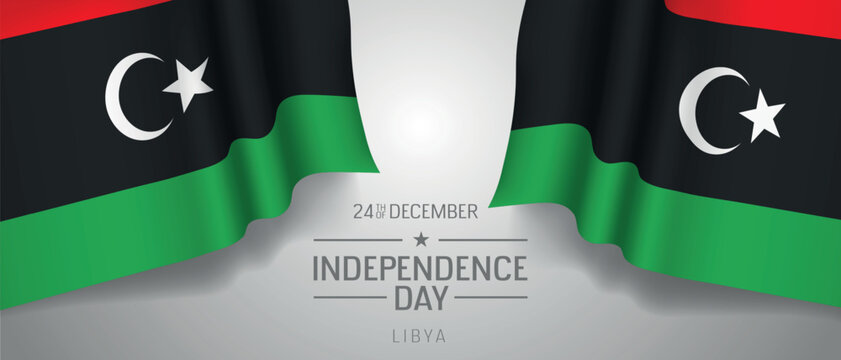 Libya happy independence day greeting card, banner with template text vector illustration. Libyan memorial holiday 24th of December design element with 3D flag with crescent