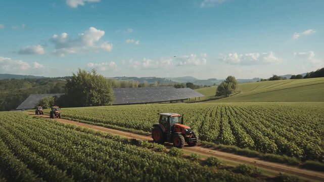 Driving lead red tractor starting forward on dirt track for fieldwork, kicking up dust among crops