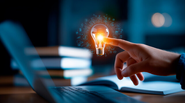 Hand touching AI light bulb icon with education interface artificial intelligence in learning smart education platform innovative e learning technology digital knowledge system