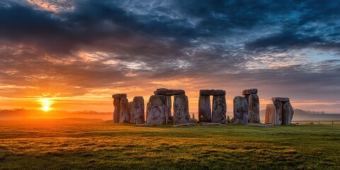Majestic Sunrise Over Ancient Stone Monument in Serene Landscape