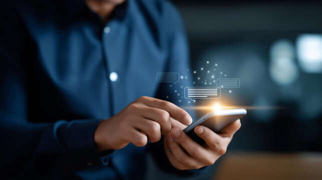 Professional using mobile with AI chatbot interface prompt input visualization virtual assistant dashboard conversational AI technology customer support automation intelligent