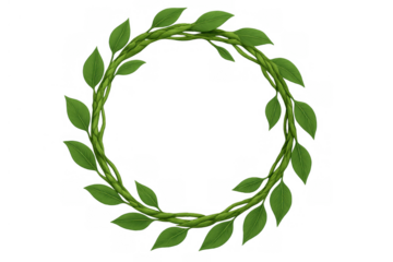 Green vine wreath forming a circular frame with fresh leaves, symbolizing growth, nature, and organic design on transparent background
