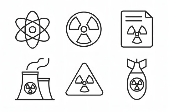 Radiological Symbols: A collection of various line-art illustrations, visually representing the concepts of nuclear science, power, and related cautionary measures.