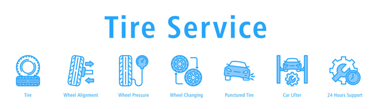 Tire Service web banner icon vector illustration with icons of Tire, Wheel Alignment, Wheel Pressure, Wheel Changing, Punctured Tire, Car Lifter and 24 Hours Support.