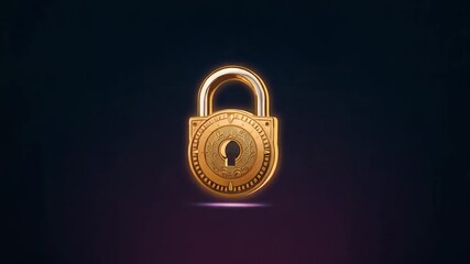 Starting animation gold padlock rotating right returning on dark gradient bg, pulsing purple dot - Powered by Adobe