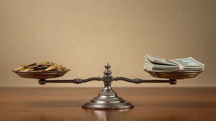 Moving brass scale on wood table from gold coins vs bundled bills imbalance against beige backdrop
