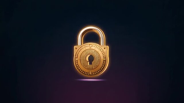 Starting animation gold padlock rotating right returning on dark gradient bg, pulsing purple dot