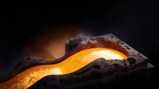 Pouring molten metal stream after ladle tilt, filling wavy refractory mold at foundry, forming cast