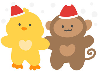 Cute Animal Character Wearing Santa Hat Hand Drawn Christmas Illustration