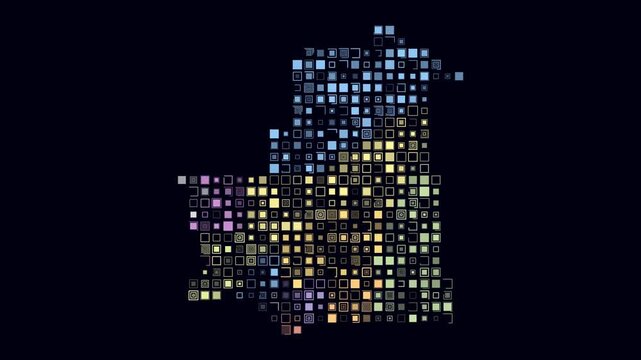 Mauritania animated country shape. Pulsating colored dots on the map of the country. Large size square blocks. Digital style Mauritania map on dark background. Stylish animation video.