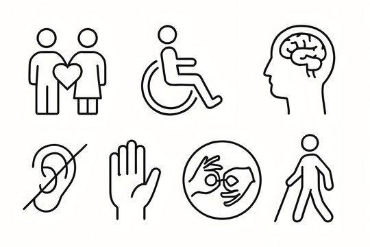 Accessibility Icons: A collection of minimalist icons representing various disabilities, designed for use in information and guidance. Each icon symbolizes a specific need.