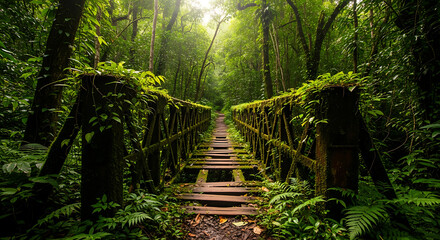 An Old Wooden Bridge Covered in Lush Greenery Deep Within a Dense Tropical Rainforest