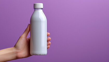 Hand holding glass bottle pouring fresh purple liquid generated by AI