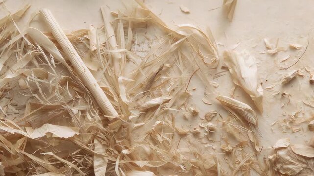 Shifting curled wood shavings and fibers spreading on workbench after planing off-frame, dowel