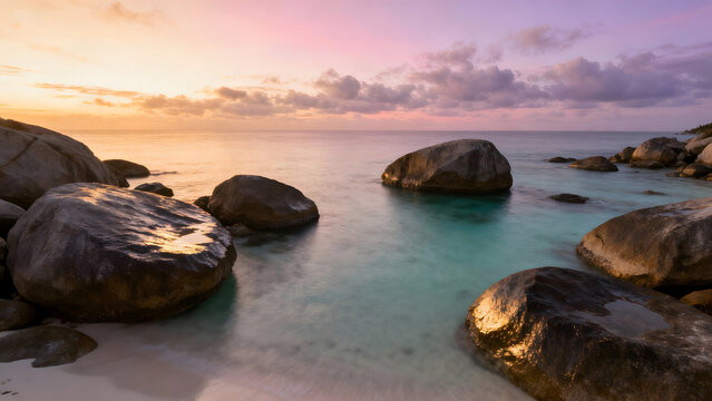 Rocky beach at sunset with calm sea - Powered by Adobe