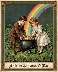 Vintage St. Patrick's Day greeting card. A boy and a girl find a pot of gold at the end of a rainbow in a field of shamrocks. Retro holiday illustration.