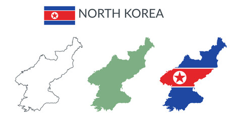 North Korea geographical borders isolated on white background. Flag of North Korea. Vector flat cliparts.