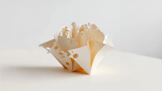 Opening white paper popup flower piece on tabletop, revealing layered cutouts as frames advance