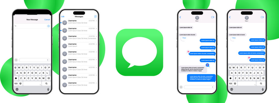 Apple iMessage interface mockup on iOS 26 showing Messages app layout, text conversation bubbles, and keyboard UI for modern Apple chat design	