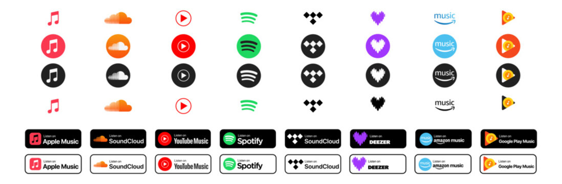 Popular Music streaming services listen on badges set. Apple Music, Spotify, Youtube Music, and Soundcloud. Simple, vector, printed on paper. icon for website design, marketing, and mobile app. Isolat