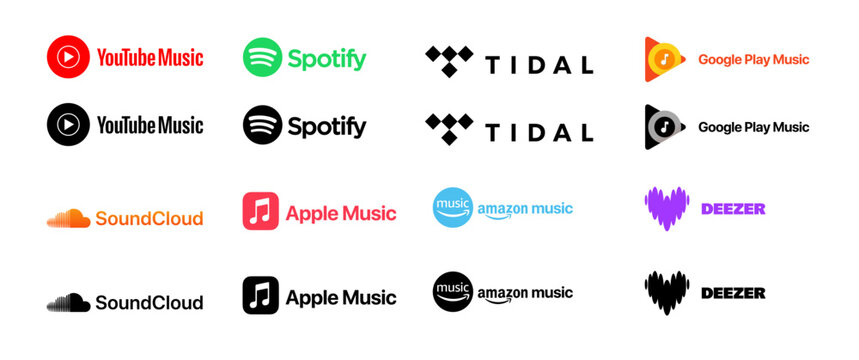 Spotify, youtub Music, Soundcloud, Apple Music music icons internet is printed on paper. Simple, vector, printed on paper. icon for website design, marketing, and mobile app.	