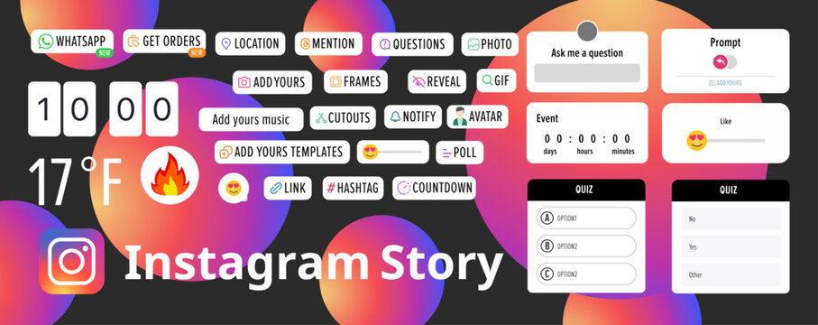 Instagram stories polls. Social media icons and functional stickers, hashtag location mention poll slider. Vector stories popular UI elements, Stories tool sticker. Blogging set.	