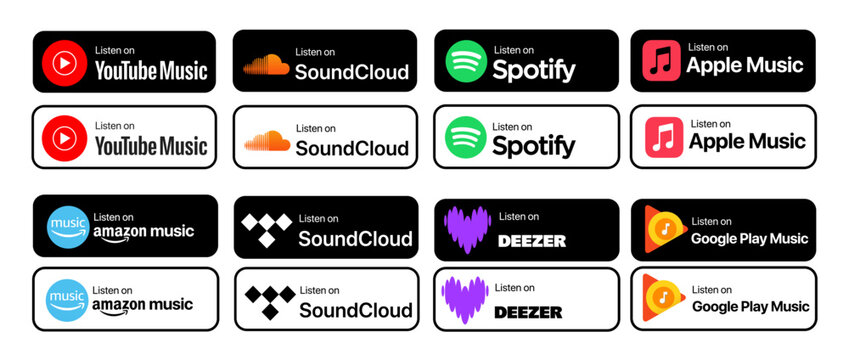 Popular Music streaming services listen on badges set. Apple Music, Spotify, Youtube Music, and Soundcloud. Simple, vector, printed on paper. icon for website design, marketing, and mobile app. Isolat