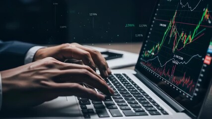 Businessman's hands typing on laptop displaying financial stock market charts and data for investment analysis. - Powered by Adobe